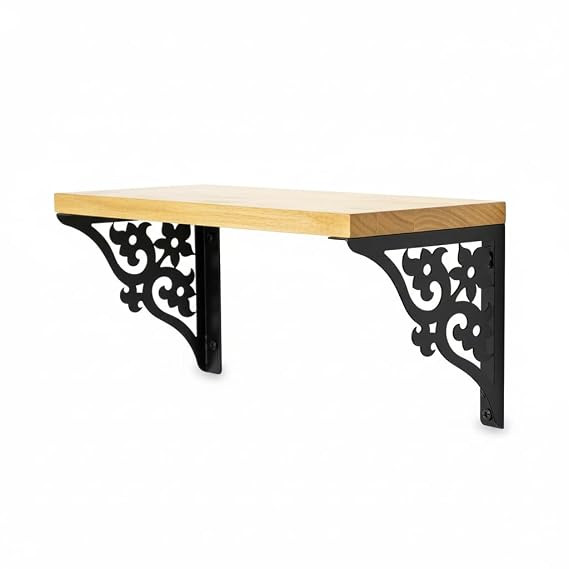 Wall Shelf with Wooden Top Black|White Iron Brackets Storage Rack|Industrial Wall-Mounted Floating Shelf for Living Room,Kitchen,Bathroom (Black Triple Floral Small)
