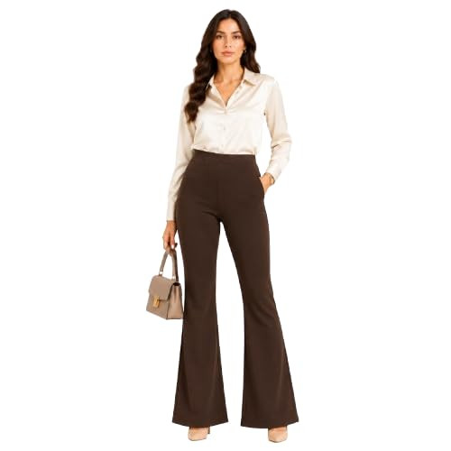 Women’s High Waist Flare Trousers for Office Wear | Wide Leg Formal Dress Pants with Pockets | Stretchable Bootcut Bell Bottom Pants for Work, Business & Casual Wear