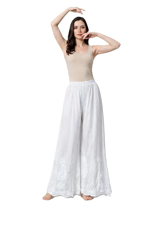 Women's White Wide Leg Palazzo/Sharara Pants with Chikankari Embroidery, Elastic Waist, Flowy Style