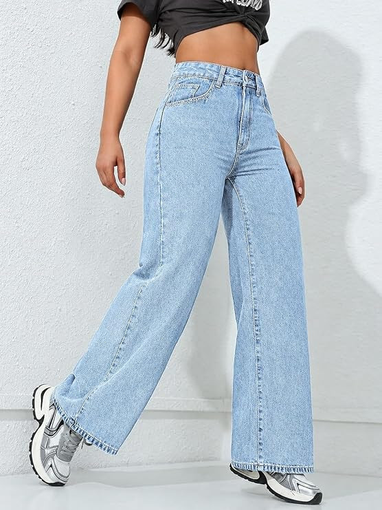 Women Straight fit High Rise Jeans | Blue Loose Fit Denim Pants | High Waist Style Cotton Jeans for Women & Girls