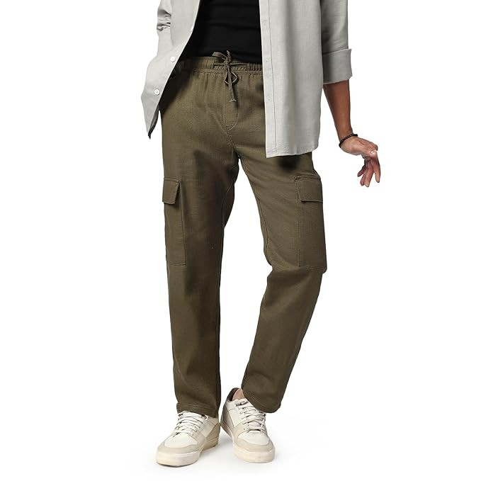 Men's Straight Fit Linen Cargo Pants with 6 Pockets