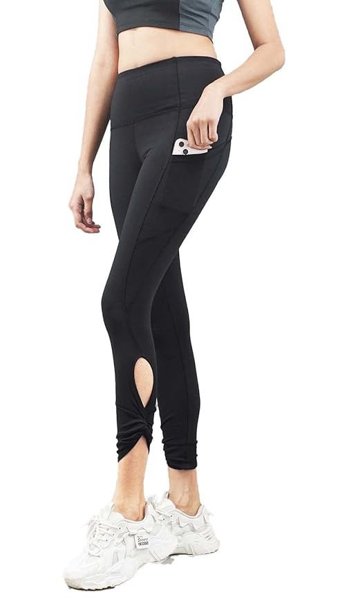 Women Tights/Yoga Pants/Leggings with Pockets | 4 Way Stretchable| Knot Styling at The Bottom Black