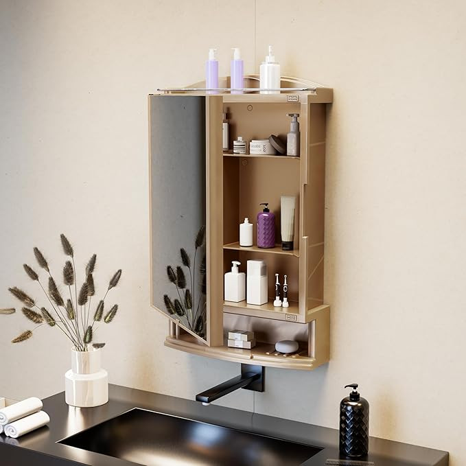 Plastic Premium Multipurpose Wall Mounted Storage Cabinet with Mirror, Prime Look (Champagne Gold)