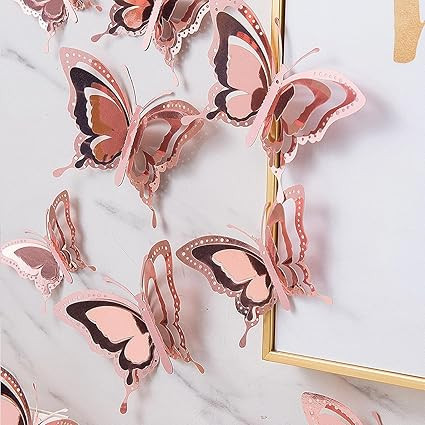 (Pack of 24) 3D Rosegold Butterfly Wall Stickers | Elegant Metallic Butterfly Room Decor for Walls, Cake Toppers, Balloons & More | Hollow-Out Design with Glue Dots