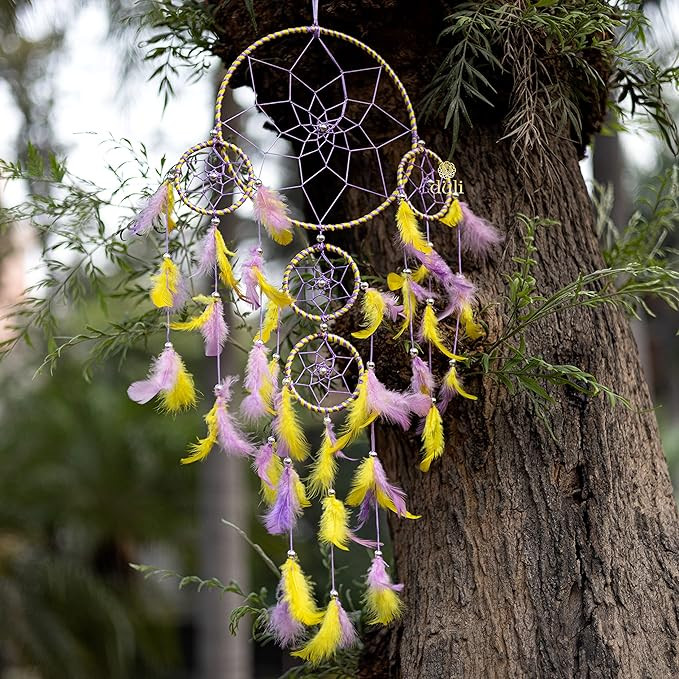 Dream Catcher Wall Hanging for Bedrooms, Living Room, Home Decor Wall Hanging Design, Garden, Restaurants, Cafe, & Party, Dreamcatcher Wall Art Decorative Height 75 cm (5RingDC-YellowPurple)