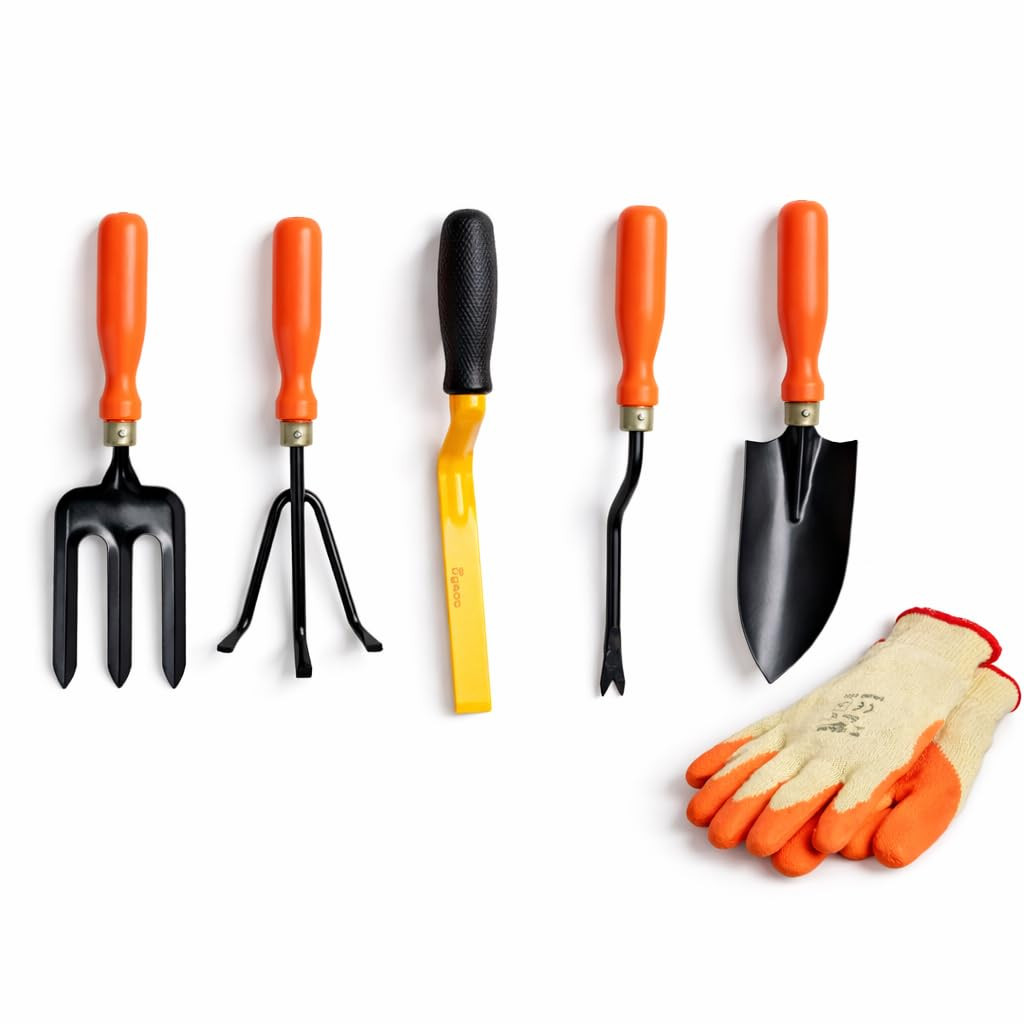 Gardening Tools Kit for Home Garden – 6 Pcs Garden Tools Set with Cultivator, Fork, Trowel, Weeder, Khurpi & Garden Gloves | Heavy Duty Planting Tools for Home Gardening