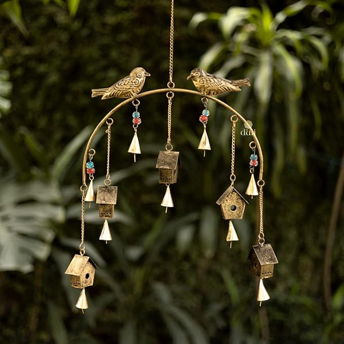 Metal Rustic Windchime Wall Hanging, Feng Shui, Wall Art, Diwali Home Decor, Positive Vibes (Metalwallhanging: Birdhouse), Golden