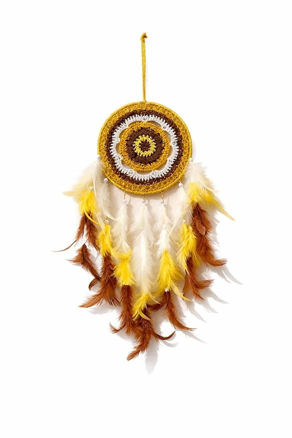 Handmade Crochet Dream Catchers for Decoration-Wall Hangings for Home Decor Kids Room Bedroom Livingroom Balcony Peacock Feathers Hanging Dreamcatcher Windchimes (Pack of 1, 15LX48Hcm) (Brown)