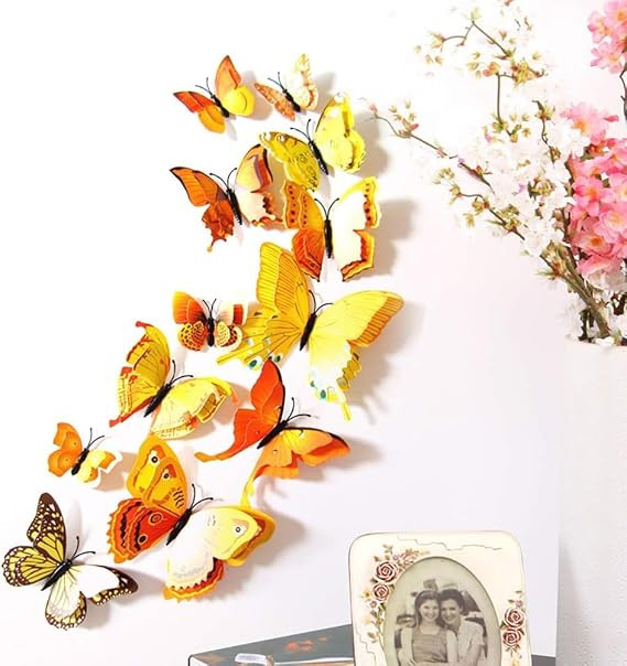 3D Magnetic Butterfly Stickers for Wall & Refrigerator, Multi Size Butterfly Decoration Items, Wall Decor Butterflies Comes with Magnet and Gumming Cubes for Hanging(Yellow, Set of 12)