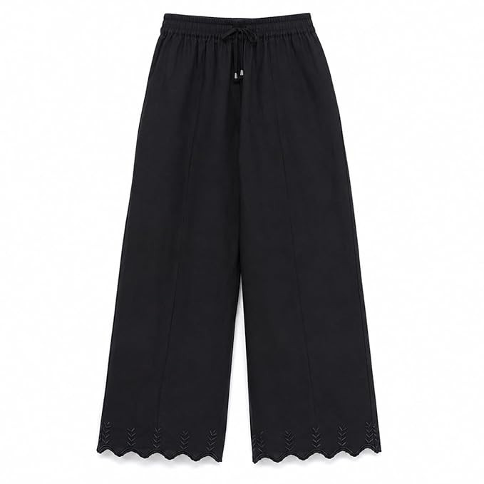 Women's Bell Bottom Plazo Pants I Cotton Indigo Denim Pants with Embroidery I Elastic Waist Wide Leg Bottom Wear I