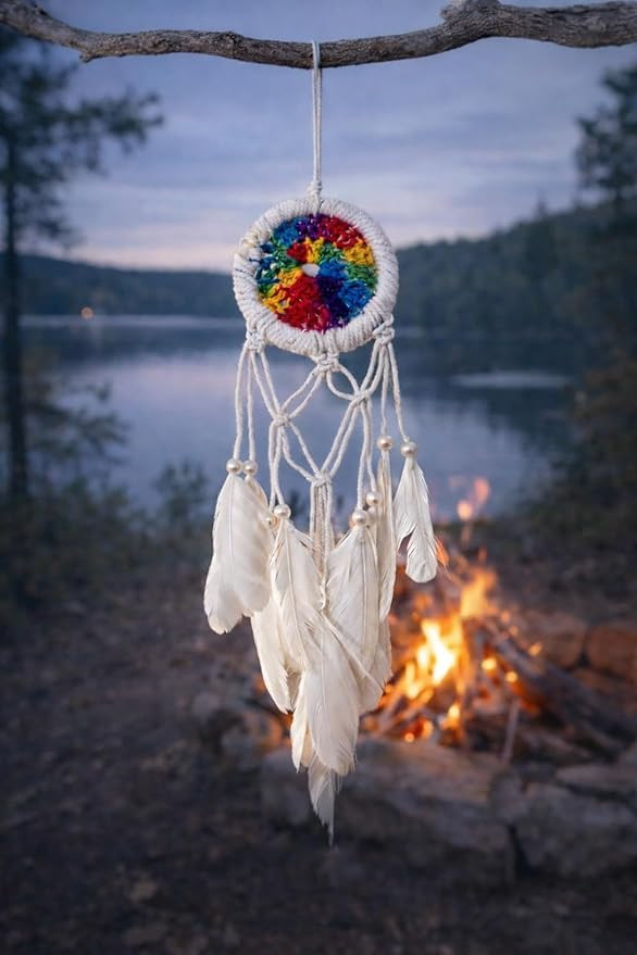 Handmade 3 Inch Dream Catcher Wall Hanging– Boho Wall Hanging Decor with Feathers & Pearls – Spiritual Protection Ornament for Bedroom, Nursery, or Living Room (Center Rainbow 01)