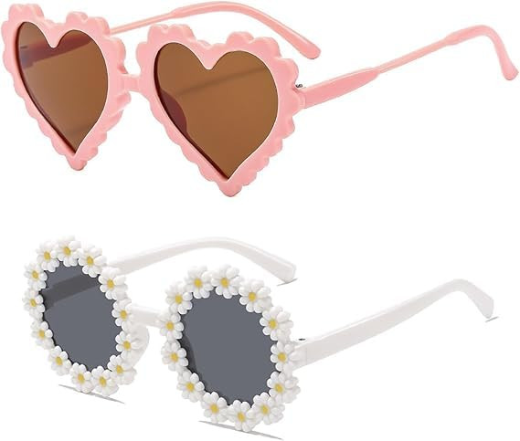 2Pcs Kids Sunglasses for Girls, Premium Material UV Protection Sunglasses - Cute Flower and Pink Heart Eyeglasses - Summer Eyewear for Outdoor, Beach, Vacation Daily Casual Wear
