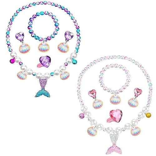 2 Sets Mermaid Themed Kids Jewelry Kits, Each Kit Contains Necklace, Bracelet, Ring & Shell Earrings, Lovely Little Girls Dress-up Accessories for Party & Birthday Gifts