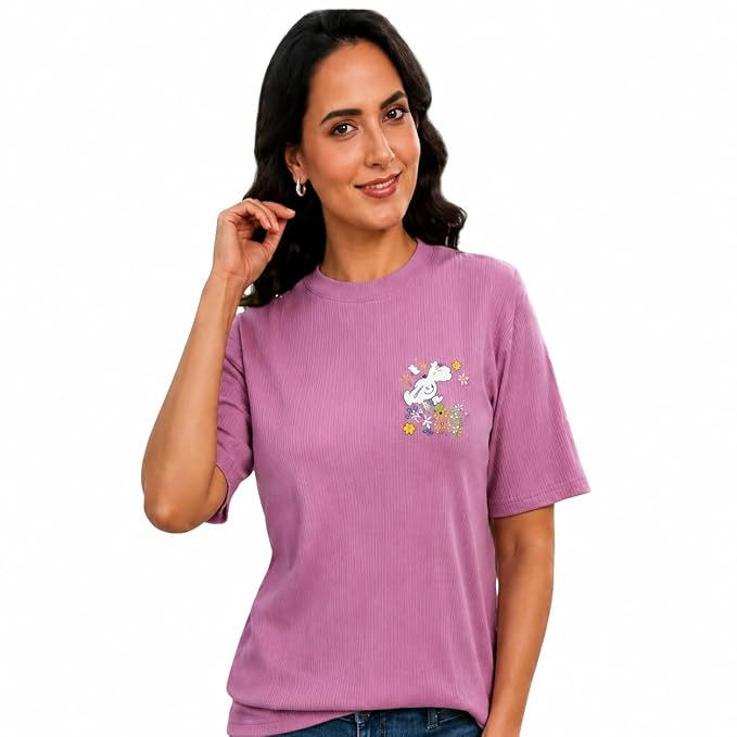 Women's Ribbed Half Sleeve T-Shirt Casual Round Neck Knit Top Soft Stretch Regular Fit Graphic Printed