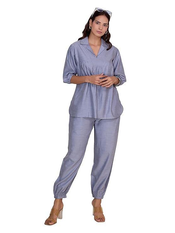 TA Rayon Co-Ord Set for Women's | Collared V-Neck Pleated Tunic with Three-Quarter Sleeves & Elastic Waist Relaxed Fit Trousers | Casual & Travel Wear Outfit | Summer Co-Ords