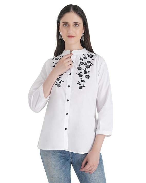 White Cotton Embroidered Shirt for Women | Mandarin Collar top | 3/4 Sleeves | Office wear & Casual wear