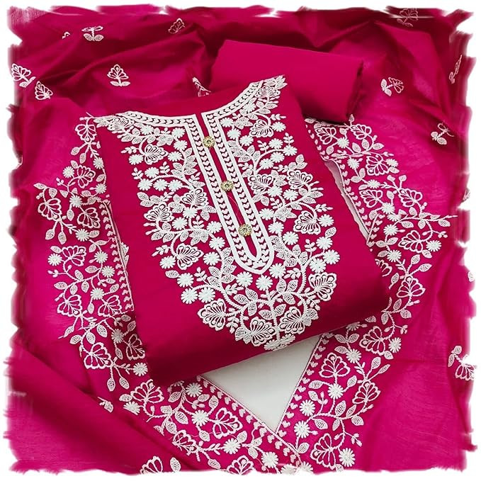 TA Women's Heavy Cotton Embroidery Work Unstitched Salwar Suit Dress Material With Chanderi Work Dupatta (Free Size)