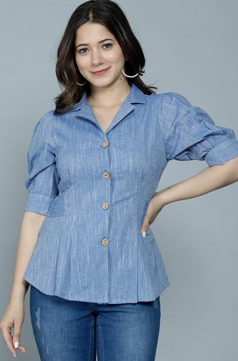 TA Women's Puff Sleeve Peplum Shirt,Cotton Blend, Button Front, Collared Neck, Half Sleeves