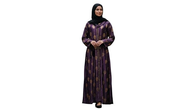 TA Women's Purple Abaya with Gold Leaf Print, Long Sleeve, Modest Islamic Ethnic Wear