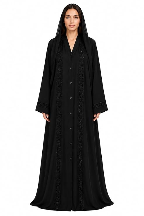 TA Black Embroidered Abaya with Matching Chiffon Scarf, Crepe, Full-Length, Front Button Open, Loose Fit, Traditional Islamic Modest Wear