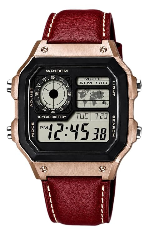 TA  Men's Vintage Digital Watch, Brown Leather Strap, Retro Square Dial, World Time, Alarm, Chronograph, LED Backlight, 100M Water Resistant, 10-Year Battery