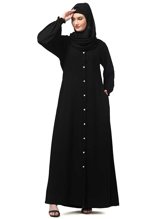 TA Black Front-Open Abaya Burqa with Button Detailing, Long Sleeve Islamic Dress for Women