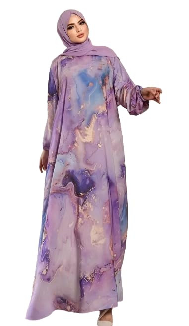 TA Women’s Lavender Abstract Print Nida Abaya Flowing Modest Long Abaya for Elegant Islamic Wear Without Dupatta