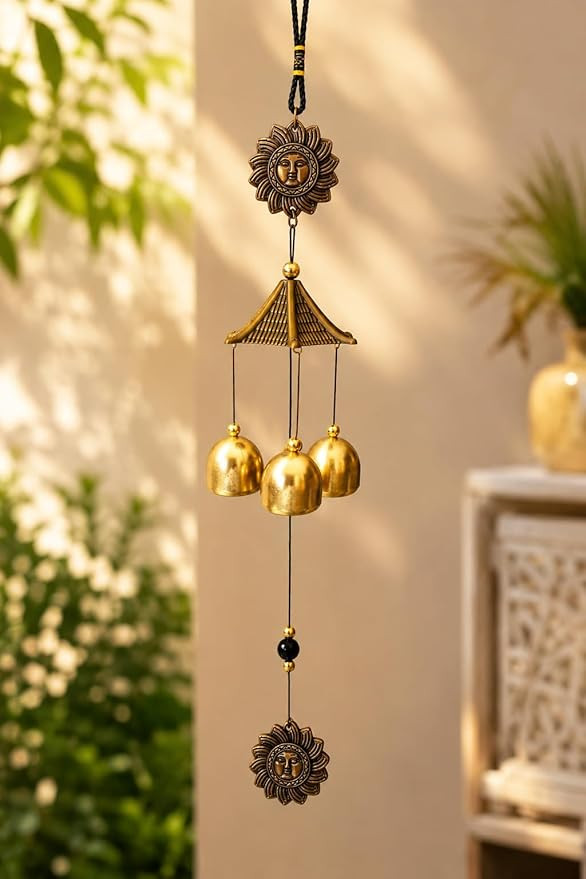TA Sun Logo Wind Chime for Home Positive Vibes | 3 Brass Bells Hanging Wind Chime | Home Decor Items | Diwali Decor & Gift Item Sun Design