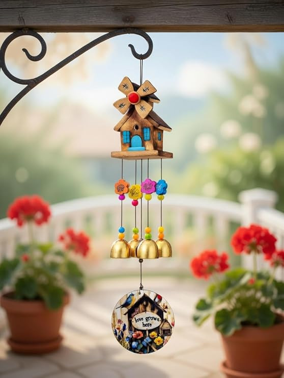 TA 4 Bell Wind Chime for Balcony Decoration, 'Love Grows Here' Pendant, Garden, Terrace Decor