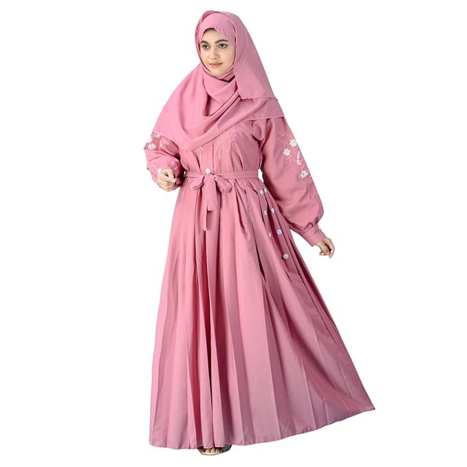 TA Women’s Cotton Abaya with Hijab Set – Modest Islamic Long Sleeve Button Front Abaya Gown with Belt, Embroidered Flowy Dubai Style for Eid, Free Size (Fits S to XXL)