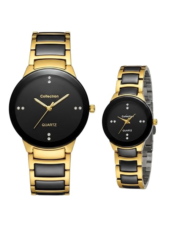 TA Couple Combo Watch for Men & Women | Matching Black Dial Gold Stainless Steel Analog Quartz Wrist Watch Set | Perfect Anniversery Gift, Wedding Gift, Valentine Gift, Birthday Gift, Engagement Gift, Couple Gift & Festive Gift