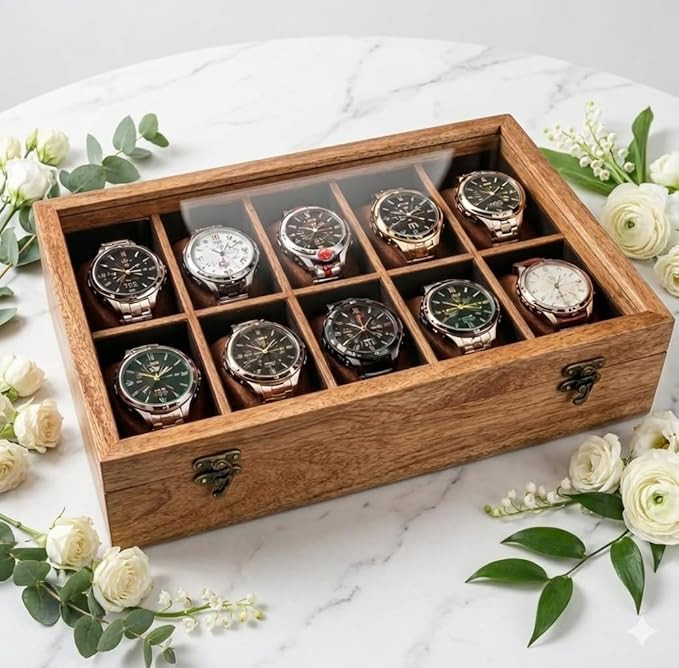 TA  Watch Box for Men with Gift Packaging Handcrafted Mango Wood Watch Organizer | Glass Display & Soft Cushions to Hold your Timepieces | Gift for Men & Women