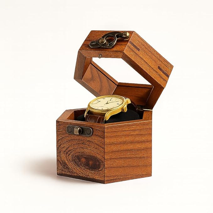 TA Wooden Watch Box, Brown, Single Watch Storage, Vintage Style with Metal Clasp