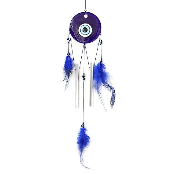 TA Evil Eye Wind Chime with 2 Feather Wings & 2 Pipe for Balcony Decor | Dream Catcher Style with Melody Sound for Positive Energy