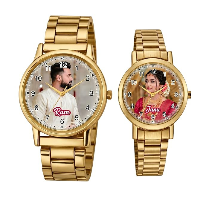 TA Personalized Couple Metal Watch with Custom Photo Print Dial, Matching Watches, Anniversary, Wedding & Valentine's Gift for Couples
