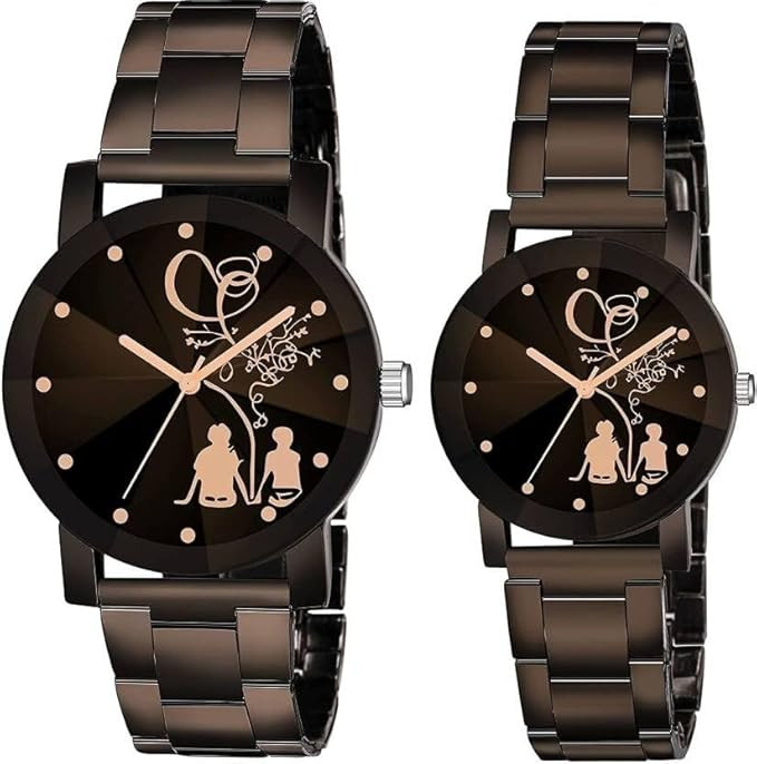 TA Black King Queen Dial Round Shape Stainless Steel Strap Analog Couple Watch for Men and Women - Combo of 2