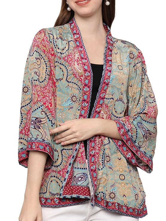 TA Women Shrug|Shrugs for Women Stylish|Cardigan |Boho Beach Cover Up|Border Print|Easily fits S-M-L|Bust 30-42 Inches|Length 28 Inches