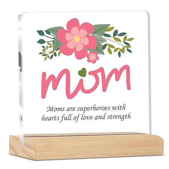 TA Sign Mom is Superhero Plaque With Wood Stand | Mother's Day Gift | Gift for Mom Home Office Desk Decor | (4 X 4 Inches) MP_10