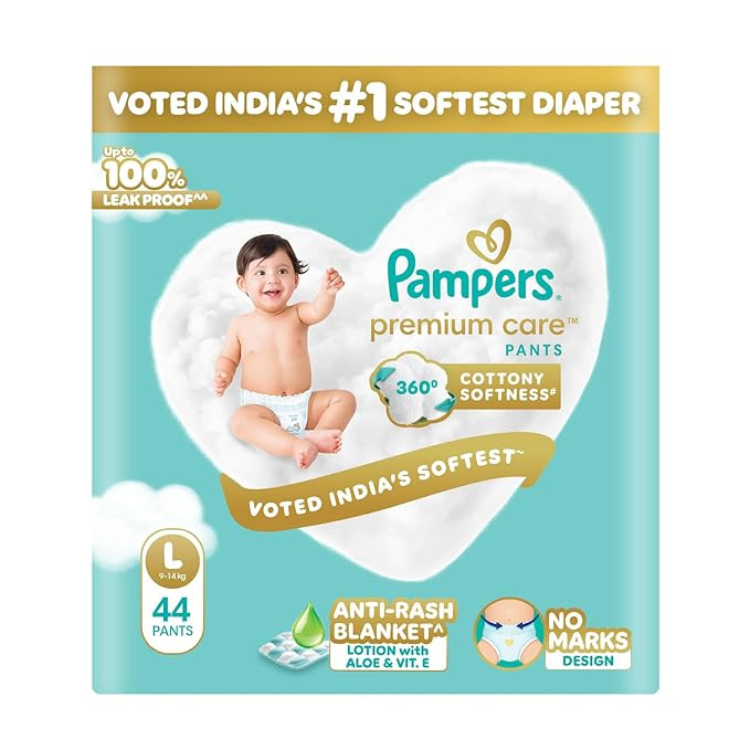 TA  Pampers Premium Care Pant Style Baby Diapers L 44 Count | No Marks Design | Voted India’s #1 Softest Diaper | All in 1 diaper with 360 Cottony Softness
