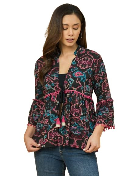 TA Cotton Black & Pink Floral Printed Ethnic Jacket for Women | Shrug for Women