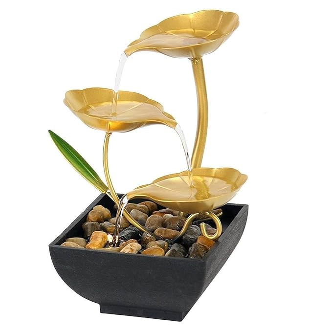 TA Tabletop Water Fountain Indoor, Gold Metal Lotus Leaf Waterfall Desk Fountain with Quiet Electric Pump, Natural River Rocks & LED Light, Decorative Zen Water Feature for Home, Office & Living Room