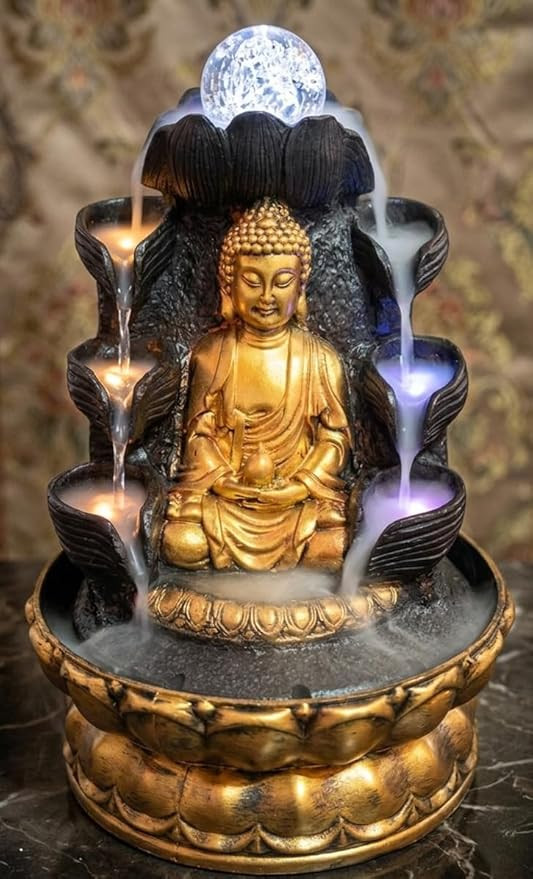 TA Ani Divine Golden Brown Buddha Indoor Water Fountain || Polyresin LED Tabletop Steps Waterfall Showpiece - 11 Inch