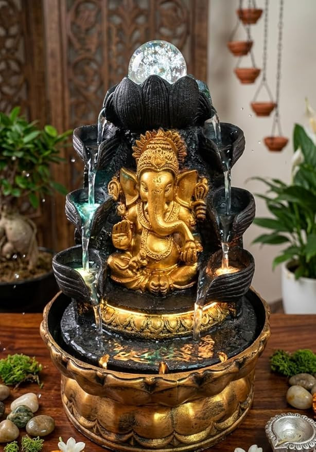 TA Ani Divine Lord Ganesha Water Fountain with LED Crystal Ball Waterfall Showpiece for Living Room, Home Decor, Temple, Gifting