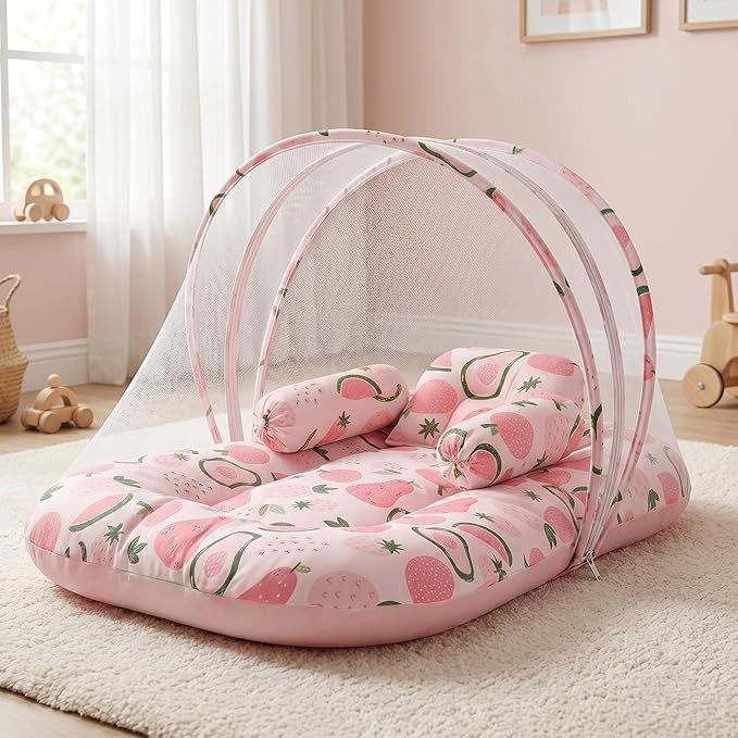 TA Soft Cotton Baby Bedding Set, Pink Floral Print, Waterproof Mat Combo with Dohar Blanket, Mosquito Net Bed, 3 Fitted Sheets, Pillow for Newborns and Infants | Breathable material