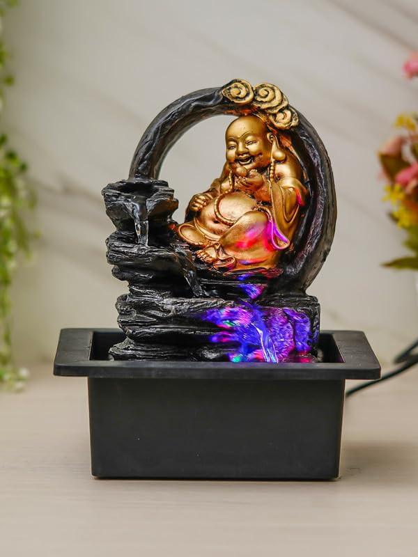 TA Golden Brown Polyresin Tabletop Laughing Buddha 3 Step Indoor Water Fountain for Home Decor with LED, Speed Control Pump (Size: 21 x 18 x 26 CM | Weight: 1015Gram)