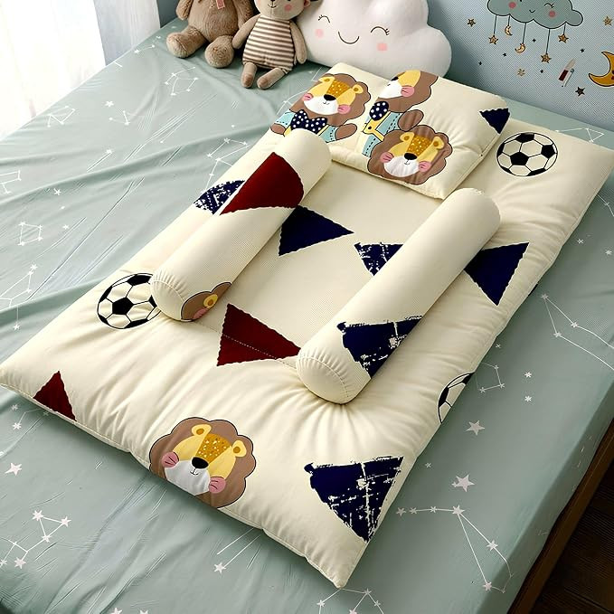 TA Newborn Baby Bedding Set, Baby Bed Soft & Breathable, Godari Boys & Girl Design, Cushioned Mattress Sheet with 2 Side Bolster Pillows & 1 Head Pillow -Teddy Print