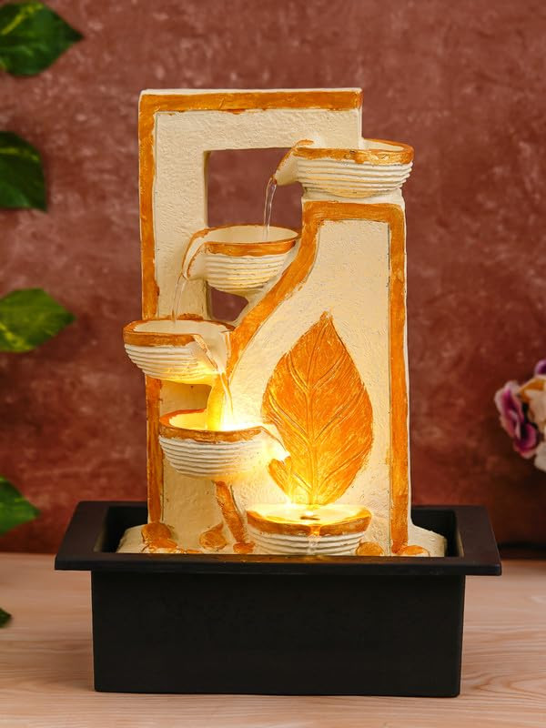 TA Polyresin Table Top 4 Diya Steps & Golden Colour Leaf Design Indoor Waterfall Fountain for Home Decor with LED Lights & Speed Controller Pump (Size: 40 x 29.5 x 22CM | Weight: 2250grm)