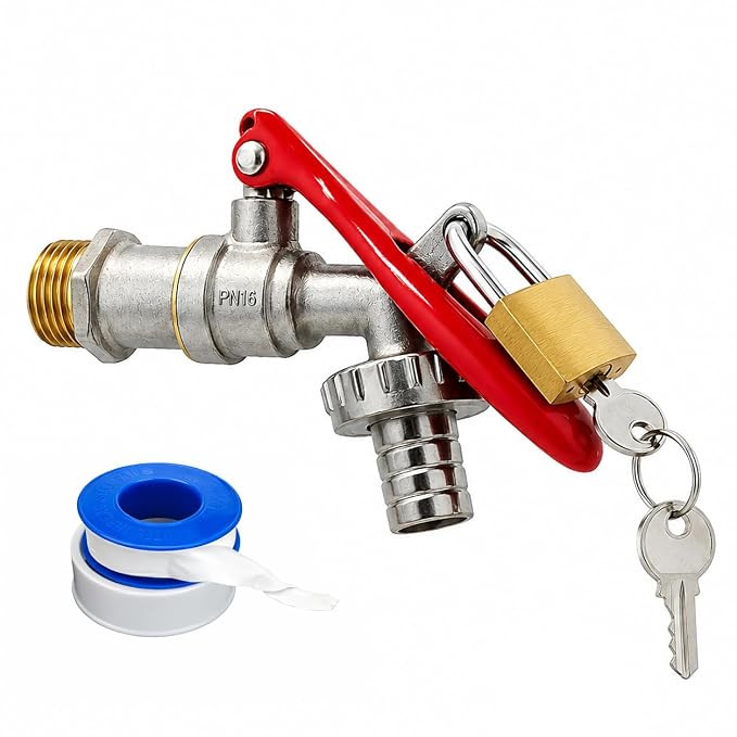 TA  1/2 Inch Mini Lock Nozzle Tap | Brass Lockable Garden & Outdoor Water Faucet with Lock System | Heavy-Duty Washing Machine & Hose Bib Tap | Brass Body Metal Red Handle Pack of 1