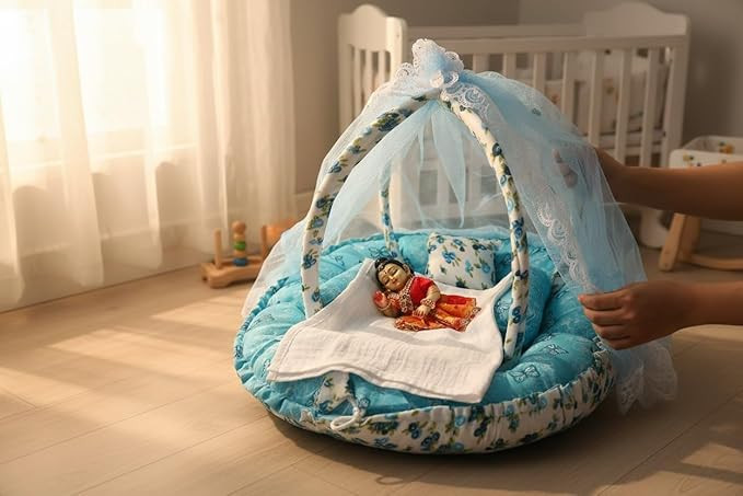 TA Religious Kanha Ji Comfortable Bed/Bister/Singhasan Polyfill with Mosquito Net Super Soft Luxury Look Laddu Gopal Ji Bister, Gopal Size - 0 to 6 Random Colour Bed.