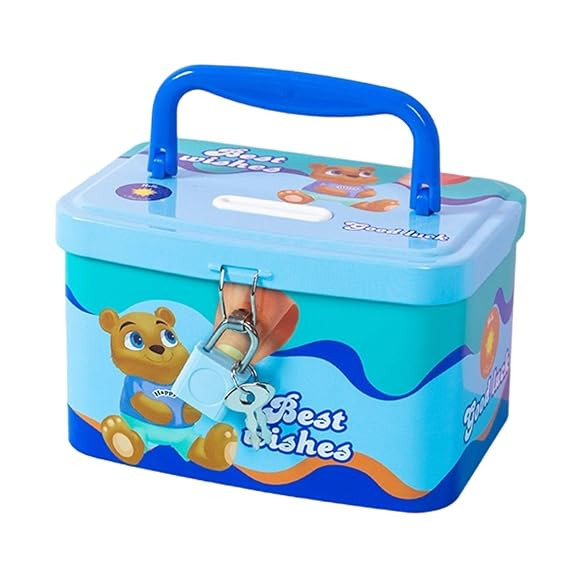 TA Money Saving Tin Coin Bank with Handle, Lock and Key, Piggy Bank for Kids, Gullak for Kid, Birthday Return for Boys & Girls, Money Bank, Coin Box for Kid (A-Multicolor)